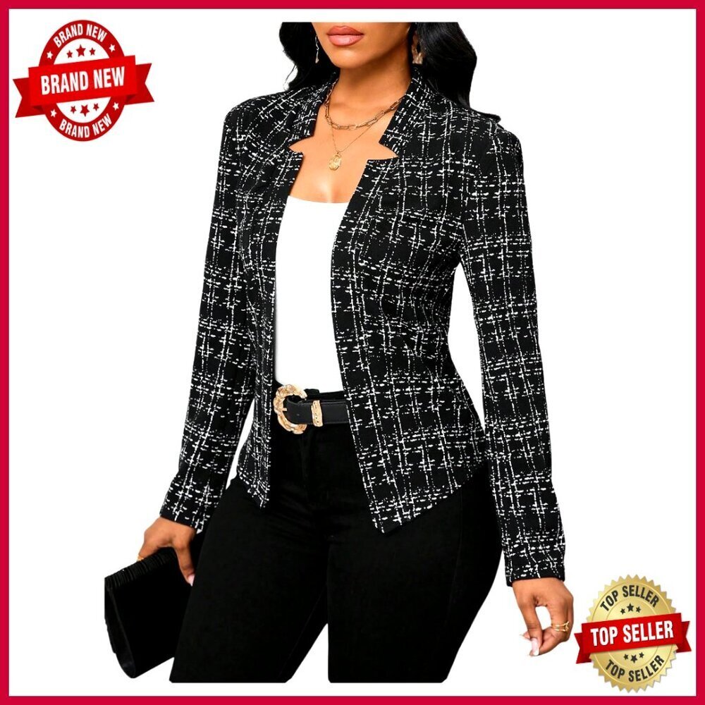 Plaid Tweed Blazer Open Front Long Sleeve Business Work Jacket